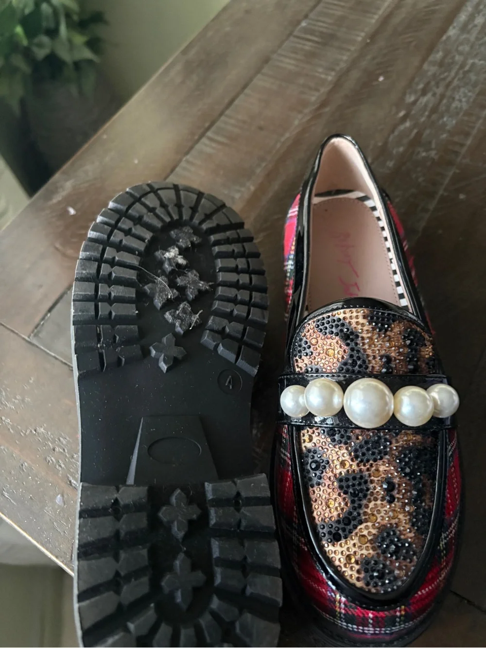 Betsey Johnson Leopard Sequin & Red Plaid Pearl-Trim Loafers
